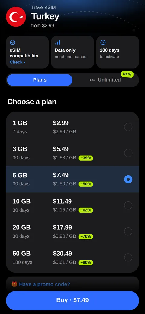 Tutu eSIM app: choosing a plan