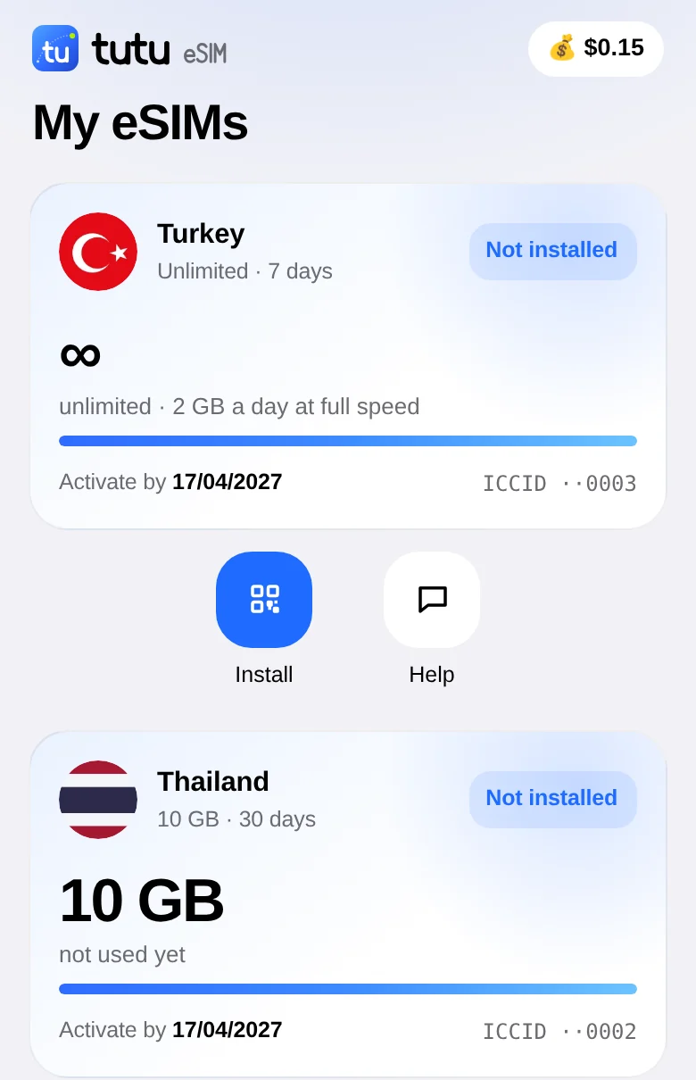 Data left under “My eSIMs” in the Tutu app
