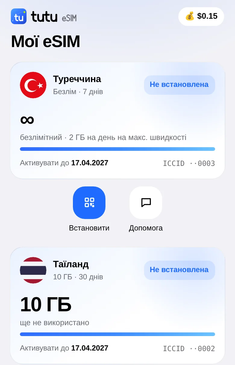 Залишок трафіку в розділі «Мої eSIM» застосунку Tutu