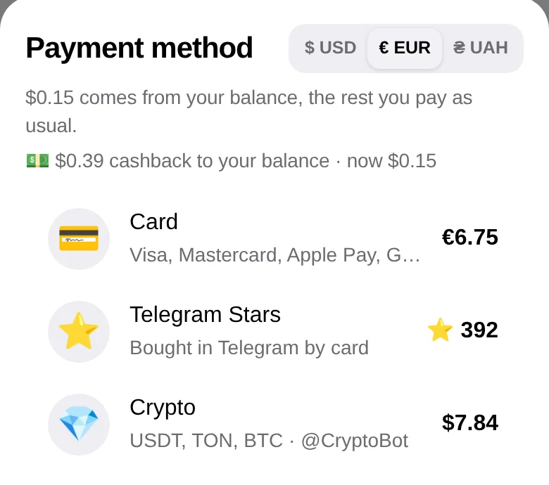 Choosing how to pay in the Tutu app: card, Telegram Stars or crypto