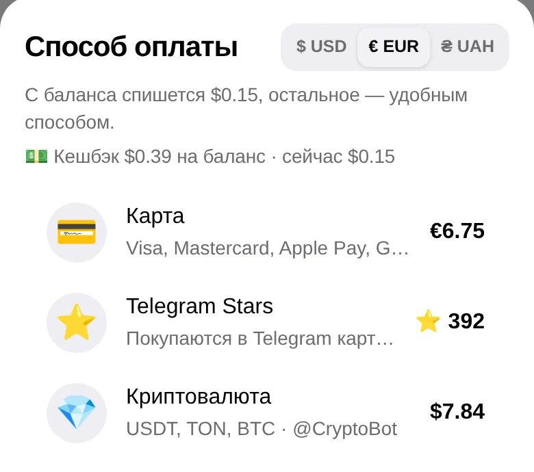Выбор способа оплаты в приложении Tutu: карта, Telegram Stars или криптовалюта